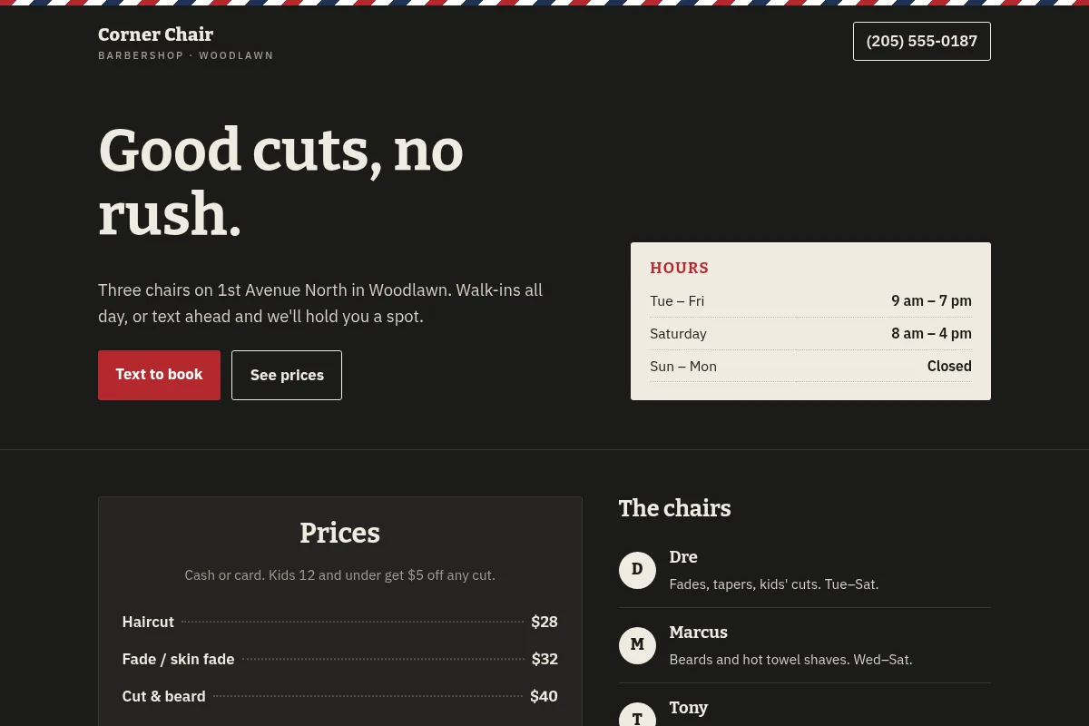 Screenshot of a sample barbershop website