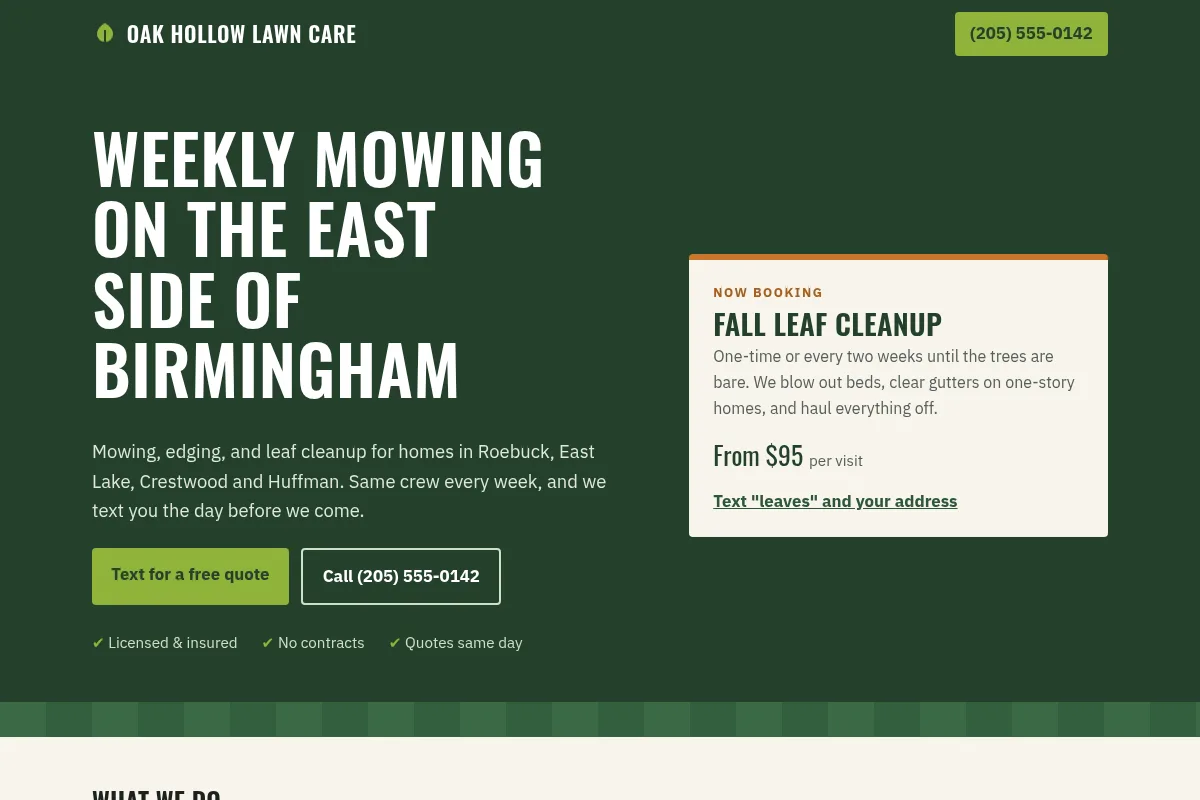Screenshot of a sample lawn care website